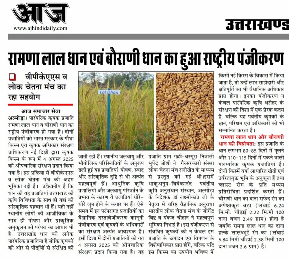 रामना लाल धान एवं बौराणी धान का हुआ राष्ट्रीय पंजीकरण