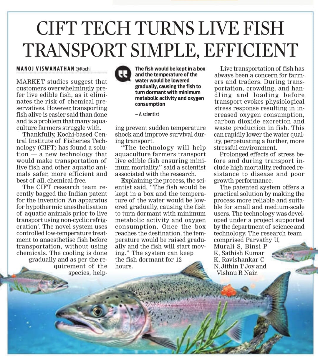 CIFT TECH TURNS LIVE FISH TRANSPORT SIMPLE, EFFICIENT